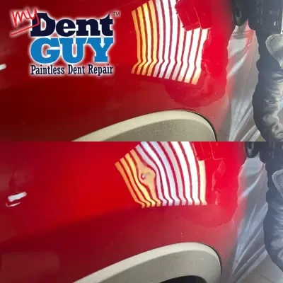 Red Car Door Dent Repair — Paintless dent repair before and after in Marco Island, FL